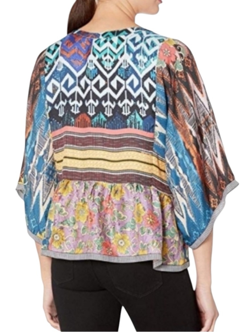 Johnny Was 100% Silk Miranda Mixed Print V-neck Boho Blouse Top Size Medium - Picture 2 of 7